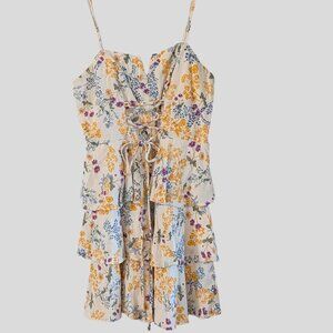 Trixxi Floral Lace-Up Linen Blend Tiered Mini Dress Size Large Cottagecore